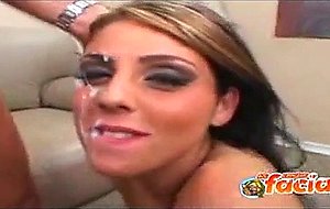 Sexy young babe gets cum blasted all over her face ...