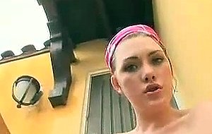 Busty teen plugs her snatch on stairs