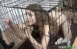 Rebel lynn sitting in a cage gets obsessed by his massive cock