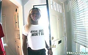 Ebony ts wanking until she cums at casting