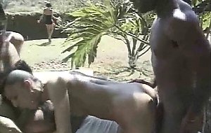 Small tits tranny gets fucked by two guys outdoors