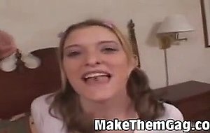 He holds her pigtails while fucking her deepthroat!