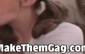 He holds her pigtails while fucking her deepthroat!
