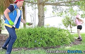 Costumed teens ride cock