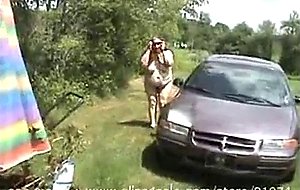 Fat mature slut spreads her holes outdoors