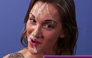 Inked milf sucks cock and gets facialized