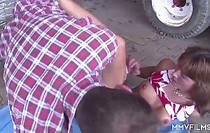 Freaky housewife fucks a random farmer outside