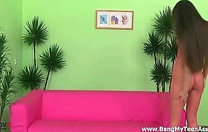 Teen in fishnet bodystocking takes intense anal