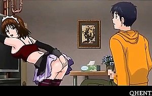 Gagged anime babe riding fat cock on sofa