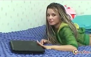 Cute 19 y.. teen playing with her longest toy, licking ...