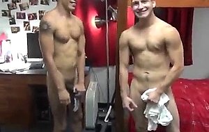Gay college boys getting nude together in dorm room