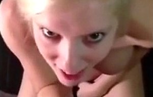 Pretty young blonde with perfect tits milks a cock 