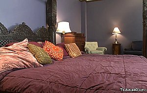 Busty blonde Ts anal fucks tied up man