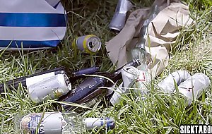 Four guys banged a sexy brunette MILF on barbacue party