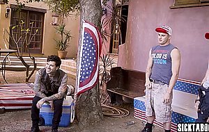 Four guys banged a sexy brunette MILF on barbacue party