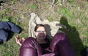 Teen gets fucked in tan shiny pantyhose outdoor