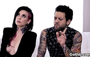 Wild tattooed couple 3some with teen babysitter