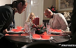 Sexy trio of pornstars enjoy a holiday dinner and then sex