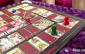 Very young spanish couples play a sexgame and continue to orgy