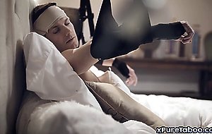 Stepmom gives her injured son a handjob and a blowjob
