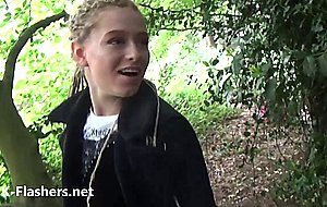 Naughty blonde bobbis outdoor striptease and public flashing of wild teen exhibitionist outside