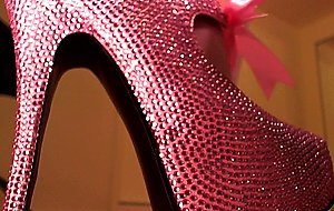 Erotic hypnotist trancing slaves with her crystal platform high heels and shiny pantyhose