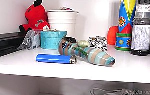 Tight brunette student plays with her shaved pussy while getting impaled in her dorm room -