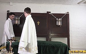 Twink fills his mouth with old priests cock and fucked