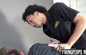 Young Asian perp bareback fucked by two black Oficers