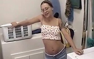 Filthy girl sucking dick in the laundry room