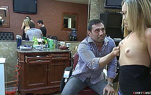 Blonde dp fucked at a public barbershop