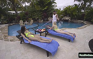 Petite stepsisters seduce poolguy and suck off his big cock