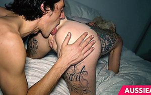 Tattooed blonde babe swallows huge cock