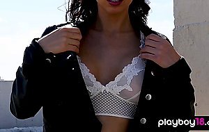 Bombastic latina babe presenting her massive fake boobs outdoor