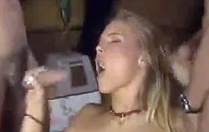 Pretty blonde with honey boobs fucked by three soldi...