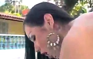 Latina tranny and chick fucking by pool