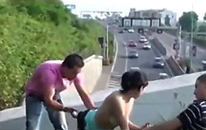Young pretty teen in highway public threesome