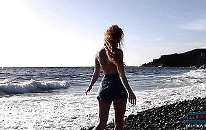 Big natural tits Russian redhead Heidi Romanova strips naked on the beach