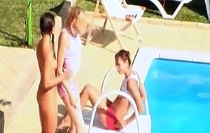 Three girls secret fucking by the pool