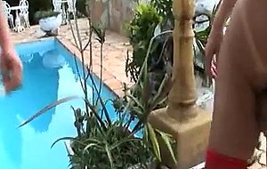 Shemale in red stockings gets her anal by pool
