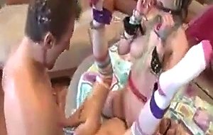 Sweet blonde and brunette teens tied up and get fucked by captor