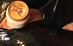 Bizarre horse speculum and beer cans stretch her pussy