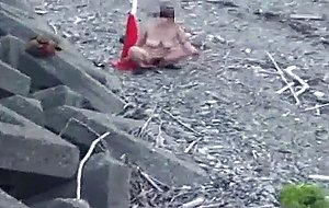 Giant road cone fuck at a public beach