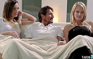 Teen Jaye Summers hops onto her MILF moms BFs big cock next to her