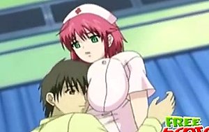 Green-eyed hentai nurse gets big jugs sucked and pussy