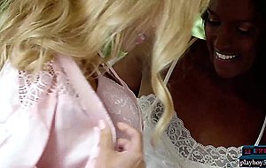 Black Sri Lankan and blonde Russian MILFs posing and stripping together