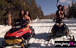 Big boobed naked badass babe April Katherine and GFs riding on snow mobiles