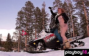 Big boobed naked badass babe April Katherine and GFs riding on snow mobiles