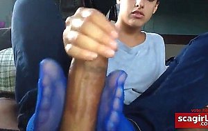 footjob in blue nylon socks