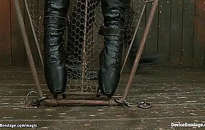Slave in leather ballet boots tormented